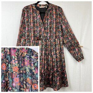 Soft Surroundings Long Sleeve Floral Shimmer Knee Dress Womens L Babydoll Tiered